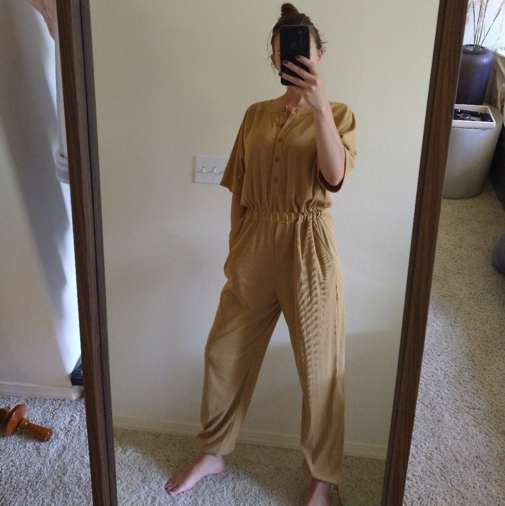 Lovers and Friends Women’s Ribbed Jumpsuit Tan Size S Ribbed Button One Piece